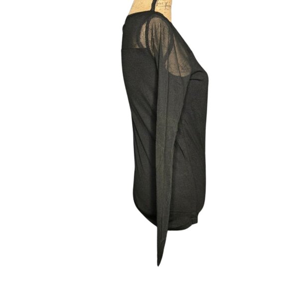 NWT Poof! Black Mesh Yoke Long Sleeve Top Sheer Shoulder Crew Neck Blouse Small - Picture 3 of 7